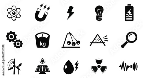 Black science and physics icons arranged in three rows of five