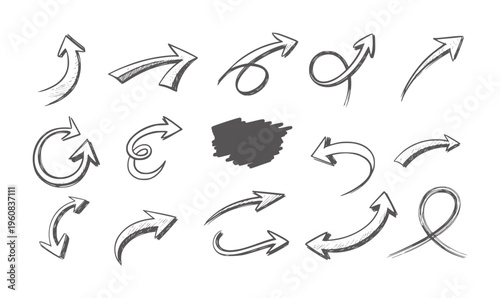 Handdrawn black curved and looped arrows set in various styles