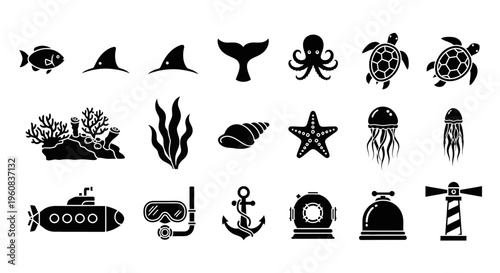 Black silhouette icons of marine life underwater gear and nautical objects