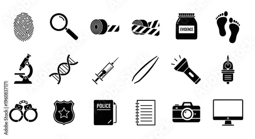Black and white icons representing forensic and police investigation tools arranged in a grid