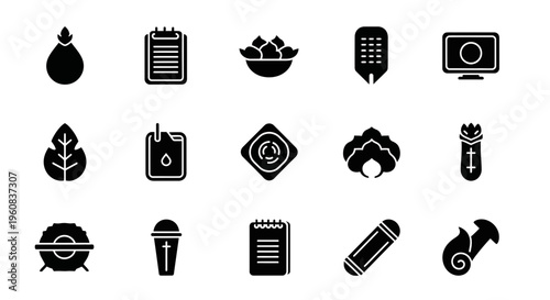 Fifteen black silhouette icons arranged in three rows of five on a white background