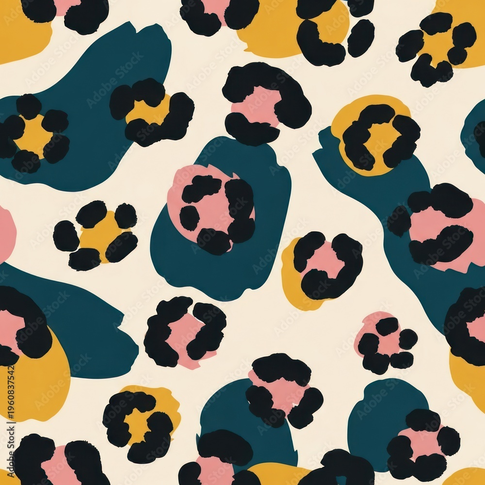 Fototapeta premium Abstract Colorful Leopard Print Seamless Pattern. Modern Trendy Animal Spots Design in Mustard Yellow, Teal, and Pink on Beige Background.