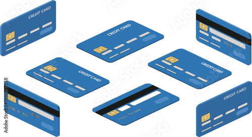 Blue credit card set, isometric perspective, chip design, magnetic stripe, finance illustration, banking concept, payment method, digital economy, security