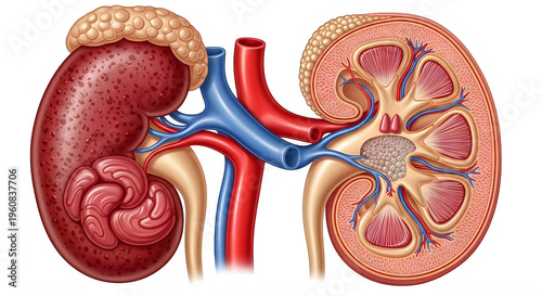 Human kidney anatomy with blood vessels isolated on transparent background