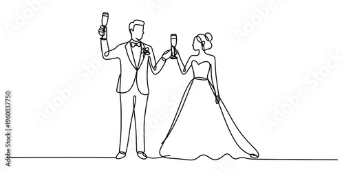Continuous line drawing of a bride and groom raising champagne glasses for a wedding toast