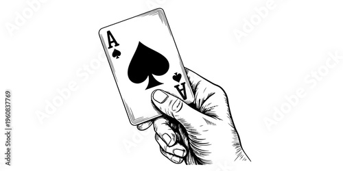 A black and white illustration of a hand holding an ace of spades playing card against a white background