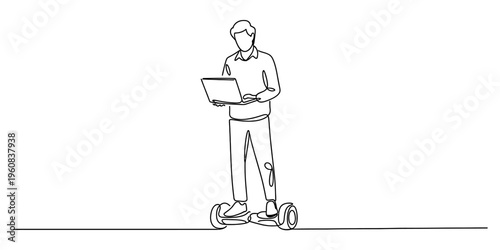 Continuous line drawing of a man using a laptop while riding a hoverboard on a white background.