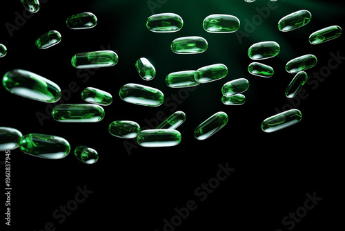 falling soaring green medicine capsules on black background
