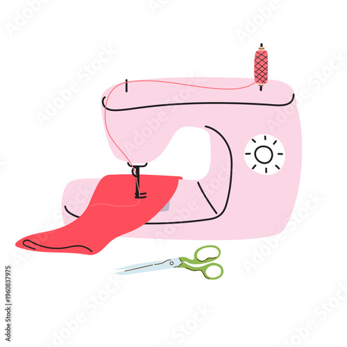 Sewing machine with scissors vector. Pink electric tailor equipment and green shears for needlework hobby, handmade fashion studio and craft shop decor. Vector illustration