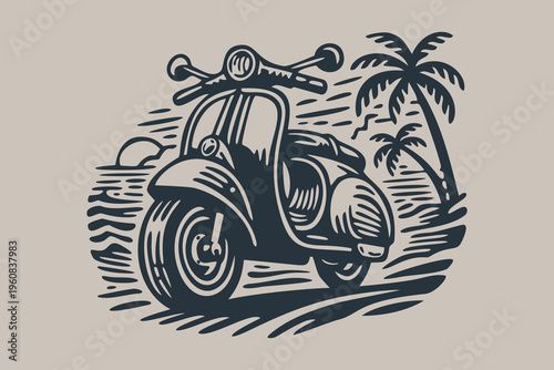 Vintage Scooter Beach Trip Retro Linocut Illustration