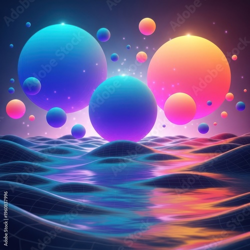 Abstract futuristic landscape with glowing neon spheres reflecting on a digital wavy surface. Vibrant gradient colors and sci-fi aesthetic.
