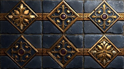 A decorative tile wall with gold and black stones