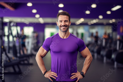 male fitness trainer in violet T-shirt at gym