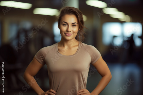 female fitness trainer in brown T-shirt at gym Free Download female fitness trainer in brown T-shirt at gym - GFXLoad