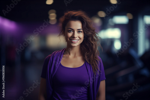female fitness trainer in violet T-shirt at gym