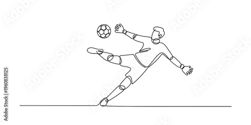 Minimalist continuous line art of a goalkeeper in action making a dynamic save during a football match.