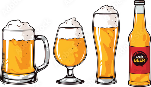 Beer glassware variety, craft beer bottle, foam-topped drinks, cartoon style, pilsner, tulip glass, mug, vibrant illustration, alcohol