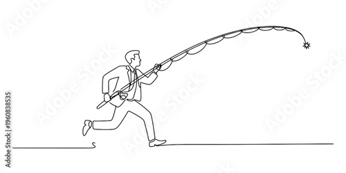 Businessman in a formal suit running and holding a fishing rod in a continuous line drawing style