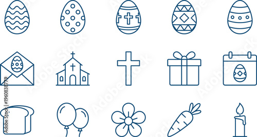 Easter, icons, set, line, religious, celebration, church, eggs, spring, christian, holiday, symbols, decoration, gift, season, carrot, candle, bread, flowers, calendar