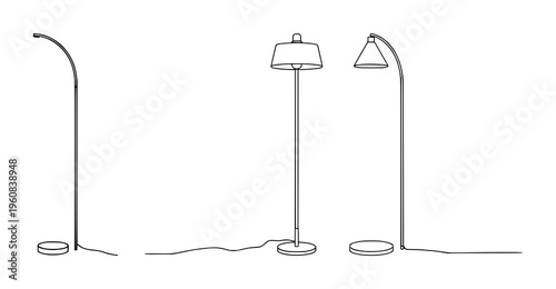 Minimalist line art of a mid-century modern arc floor lamp, interior design, thin consistent stroke, white background. set with simple line art design featuring sketches, drawings, vector graphics ...