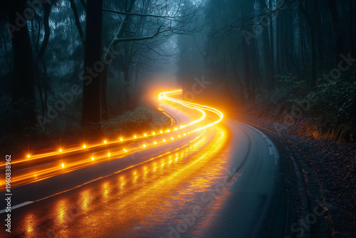 yellow car lights at night long exposure in forest