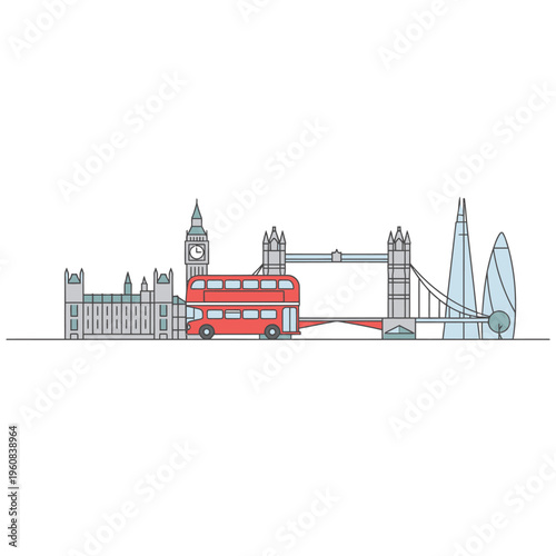 Iconic London Skyline with Double Decker Bus and Famous Landmarks.