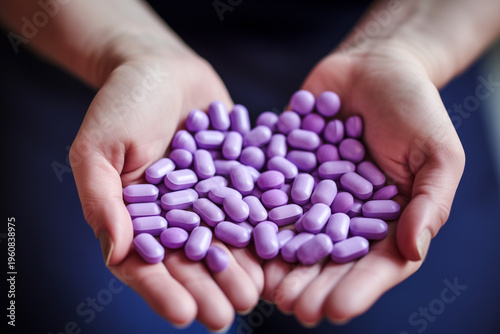 womens hands hold purple pills in close-up