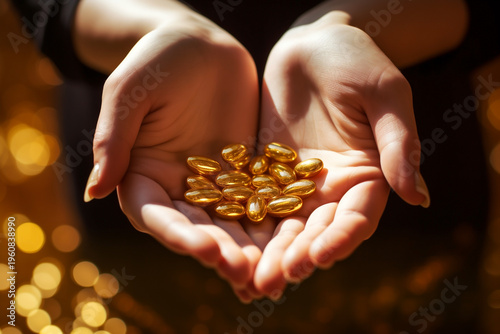womens hands hold gold pills in close-up