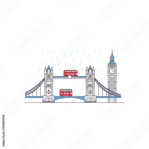 Iconic London Tower Bridge with Double Decker Buses and Big Ben Illustration.