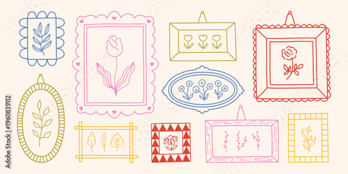 Set of doodle picture frames with various flowers. Hand-drawn line borders with branches and leaves. Vintage decorative wall art. Vector graphic