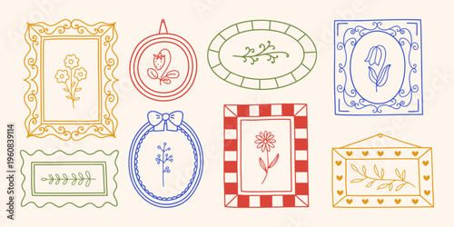 Colorful doodle picture frames with flowers, branches and leaves. Hand-drawn playful borders with herbarium. Vintage decorative wall art. Vector graphic