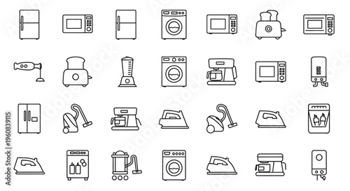 black line icons of household appliances on white background