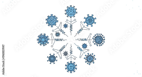Abstract Coronavirus Snowflake Pattern - Blue Virus Particles and DNA Strands