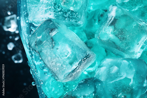 turquoise carbonated drink with ice cubes close-up