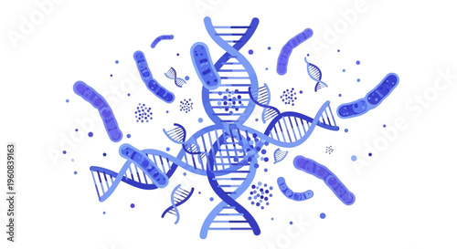 Abstract DNA Strands and Microscopic Organisms in Blue Tones