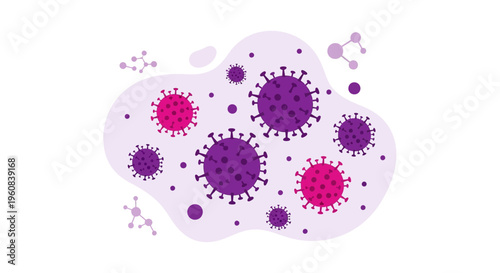 Abstract illustration of purple and pink virus particles and molecules on a light purple background