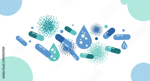 Abstract Medicine Capsules and Droplets with Particles, Blue and Teal Colors