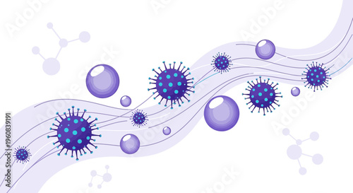 Abstract Purple Virus Particles and Bubbles Flowing on a Wavy Background