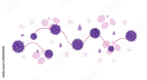 Abstract representation of virus particles connected by a dotted line, symbolizing spread and infection.