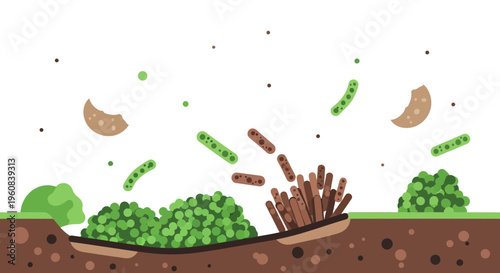 Composting process: organic waste breaking down into nutrient-rich soil for plants