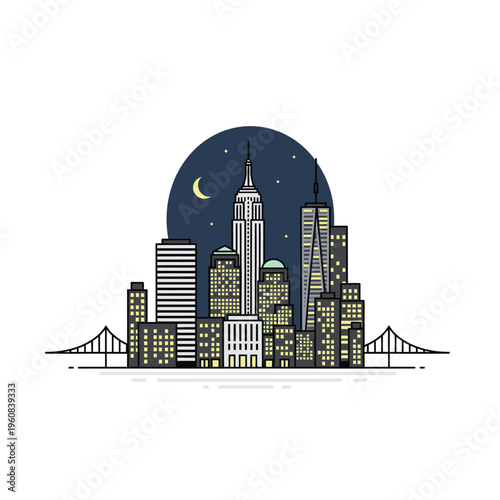 Iconic New York City Skyline at Night with Moon.