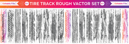 Tires trail silhouette set. Imprint of the car. Grunge tire tracks. Trace of automotive rubber. Black tire track. Tire track isolated silhouette vector. Tire track road