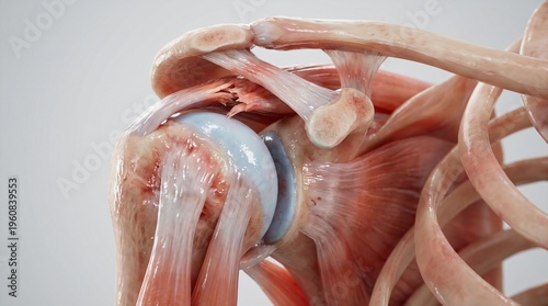 Anatomical illustration of the human shoulder joint with muscles tendons and bones