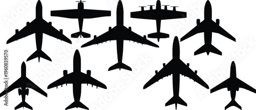 Airplane silhouette set top view aircraft icons collection black vector aviation transport isolated on white background design elements