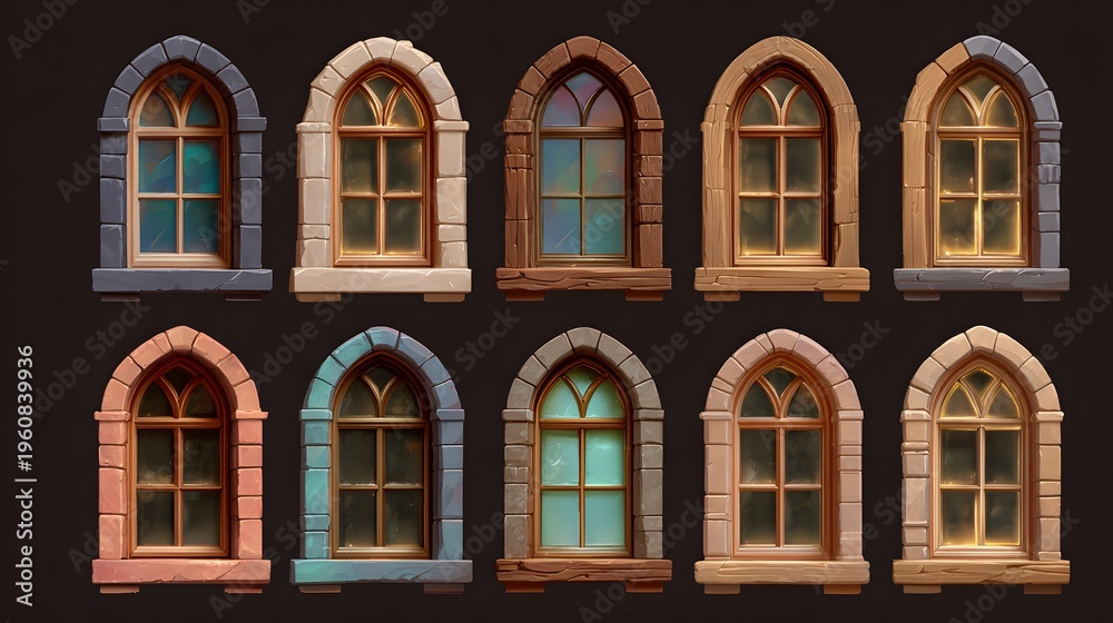 Obraz premium A set of ten gothic windows with different colored stone and glass