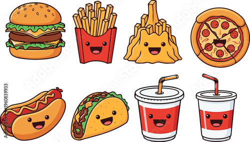 Cartoon fast food, smiling burger, fries, pizza slice, hot dog, taco, soda cups, playful design, anthropomorphic snack illustration