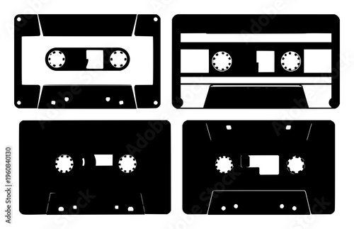 Cassette tape set with retro black silhouette design featuring analog audio, music, nostalgia with vinyl and cassette