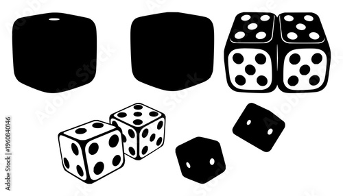 Dice pair silhouette set with black and white outlines and minimalistic background featuring dice, gaming, probability with board games and gaming accessories