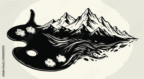 Black and white vector illustration of a dragon and horse in a nature landscape