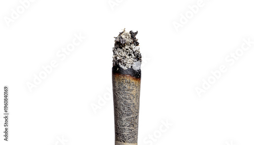 Burning Rolled cannabis Joint with Ash on White Background